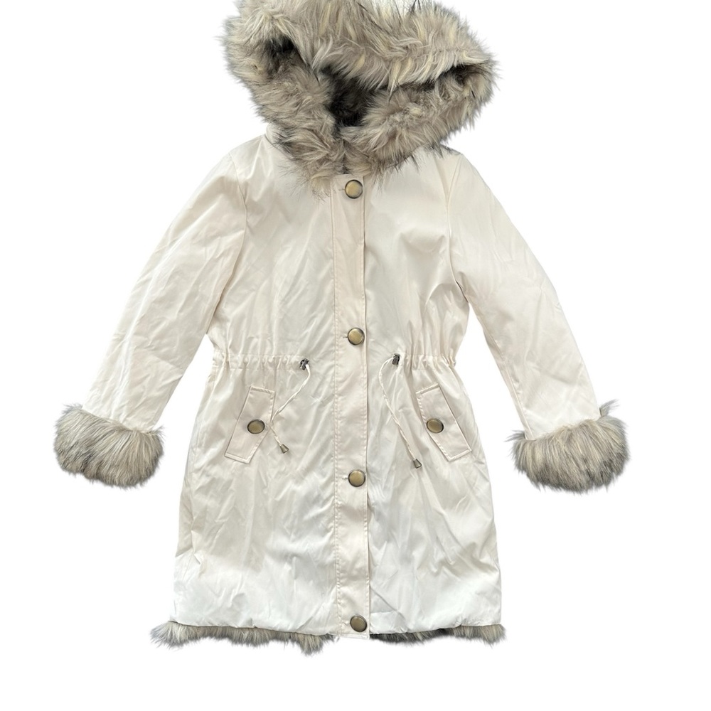 Fabulous Furs Cream Coat with Gray Fur Trim